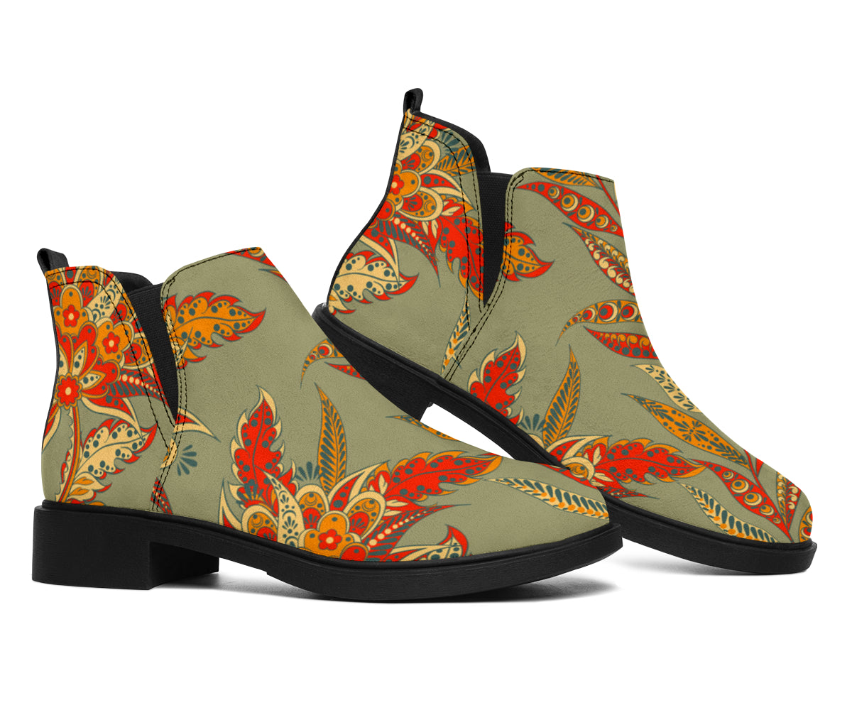 Vintage Orange Bohemian Floral Print Flat Ankle Boots