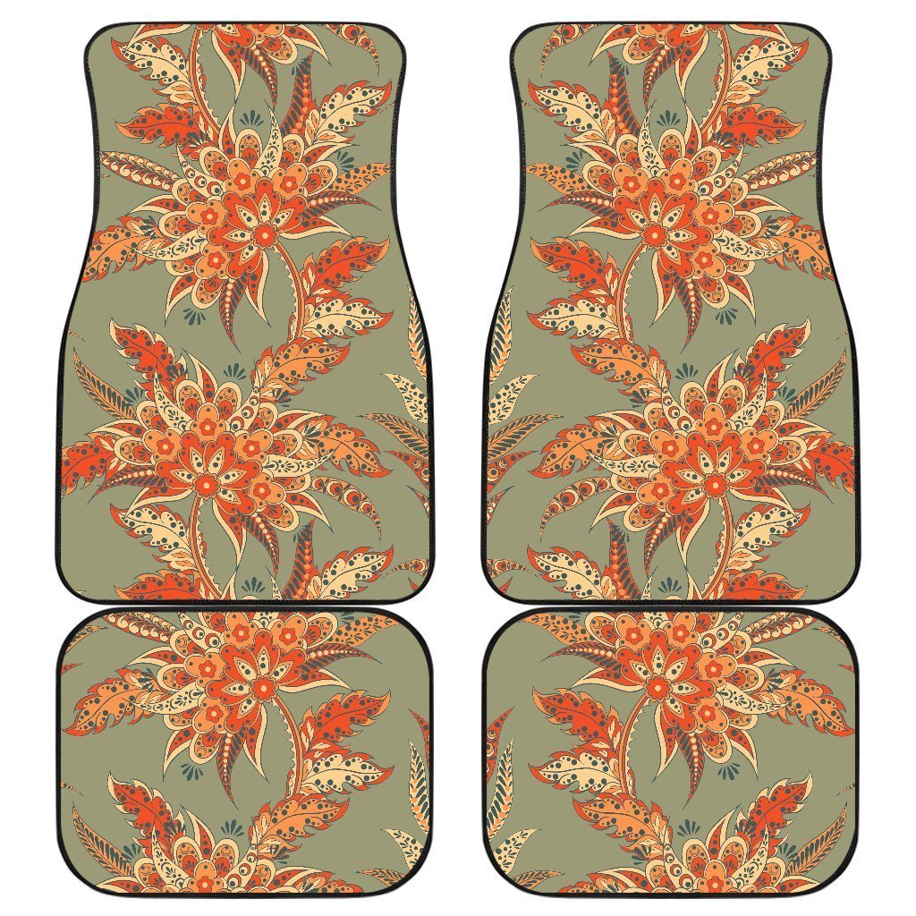 Vintage Orange Bohemian Floral Print Front and Back Car Floor Mats