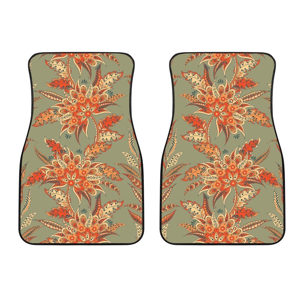 Vintage Orange Bohemian Floral Print Front Car Floor Mats