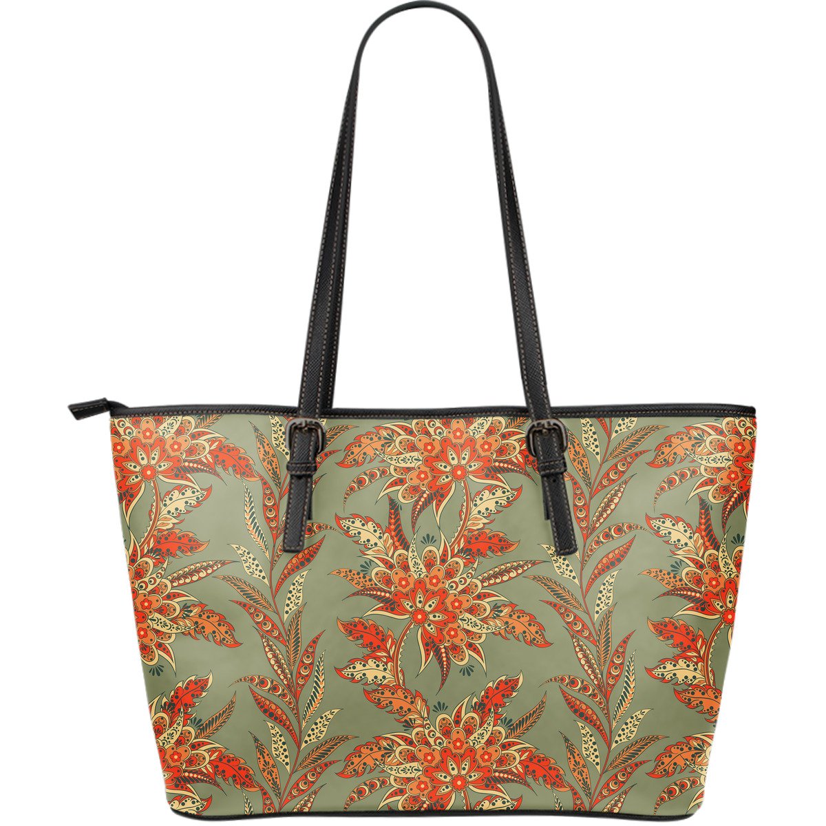 Vintage Orange Bohemian Floral Print Leather Tote Bag