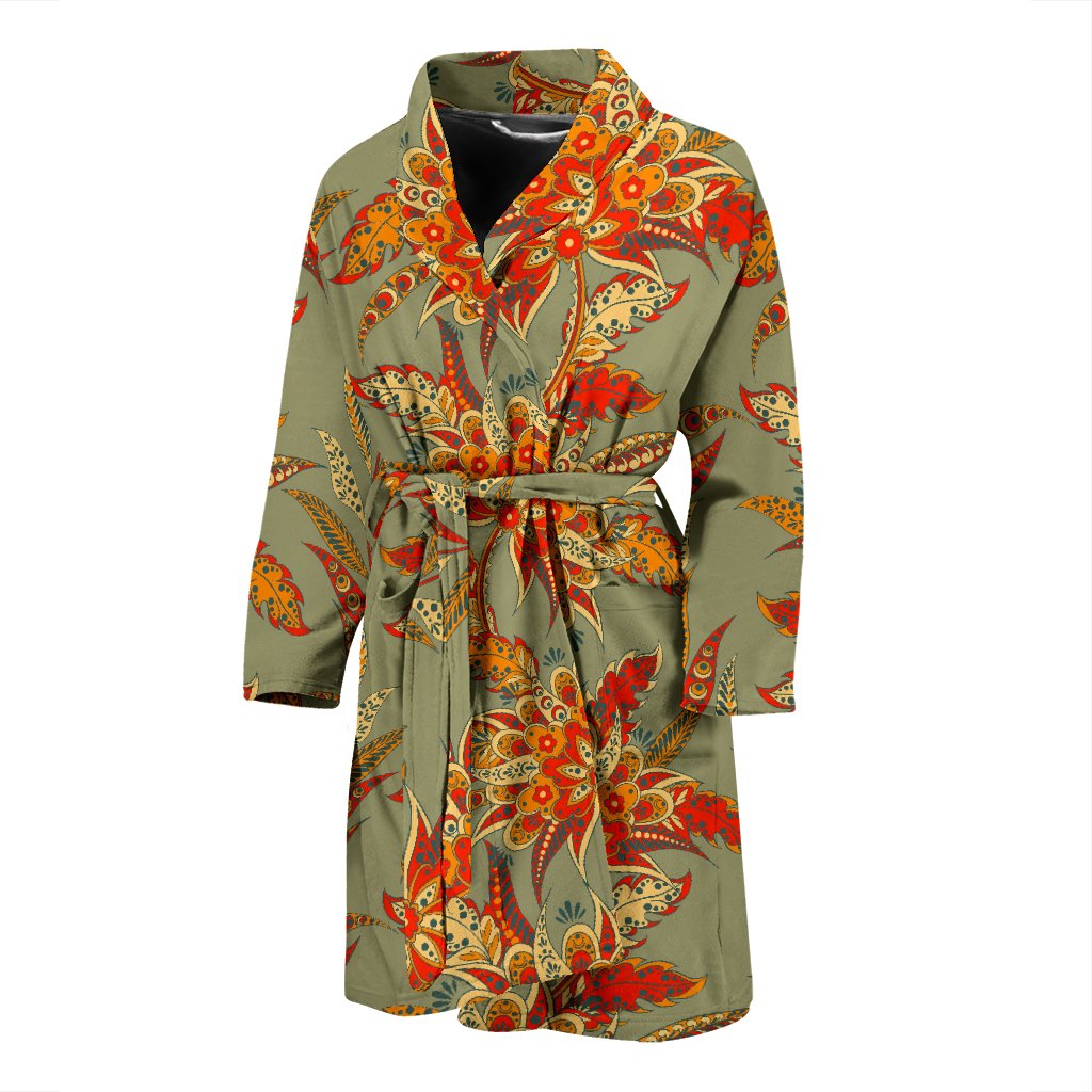 Vintage Orange Bohemian Floral Print Men's Bathrobe