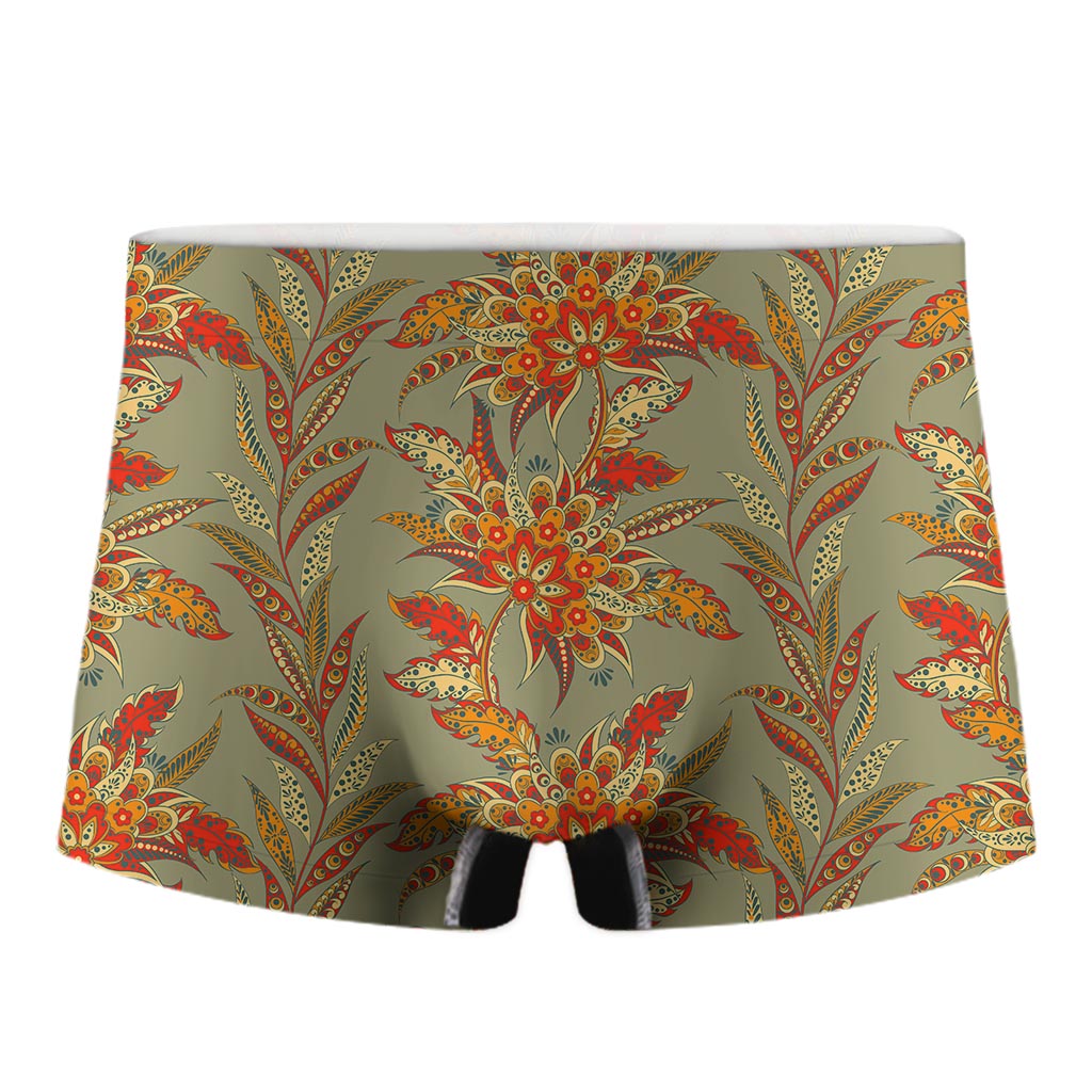 Vintage Orange Bohemian Floral Print Men's Boxer Briefs