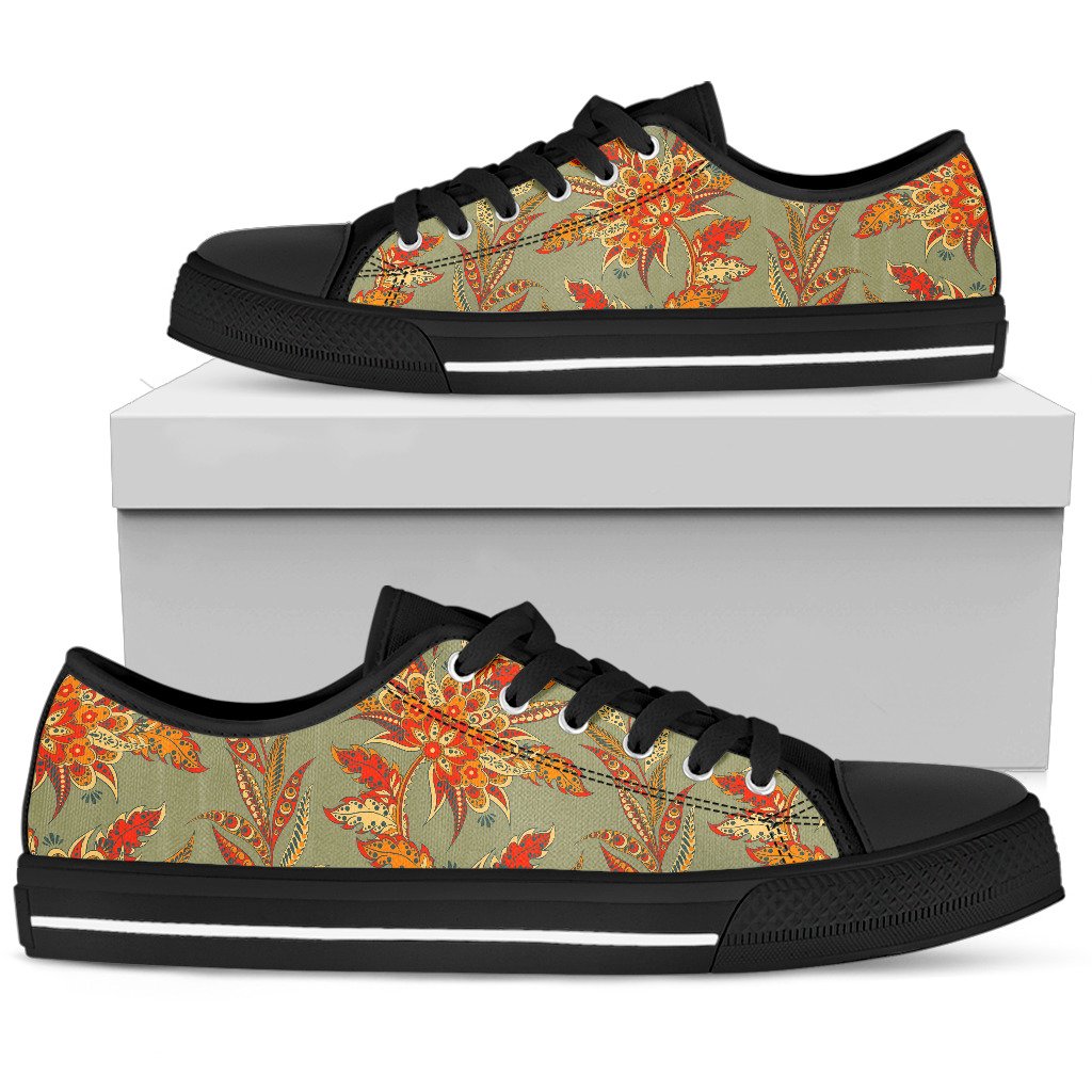 Vintage Orange Bohemian Floral Print Men's Low Top Shoes