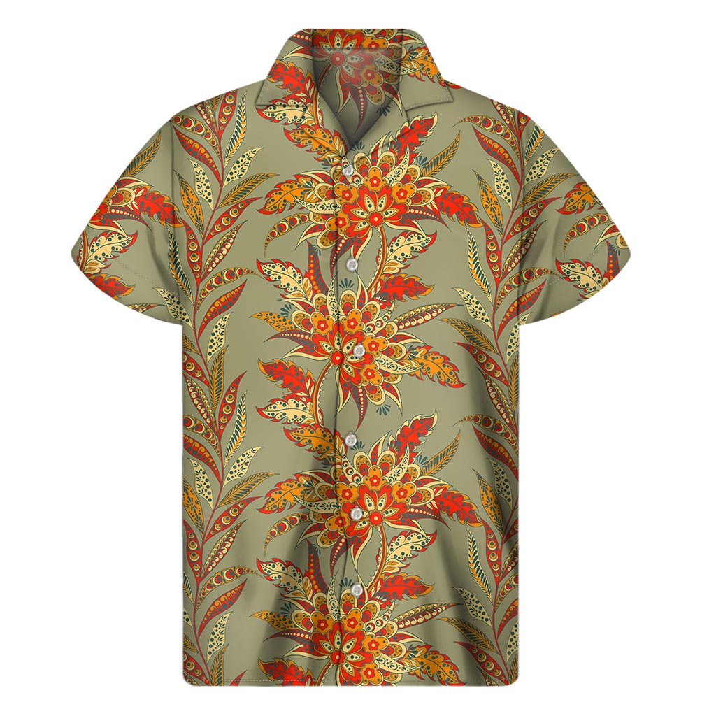 Vintage Orange Bohemian Floral Print Men's Short Sleeve Shirt