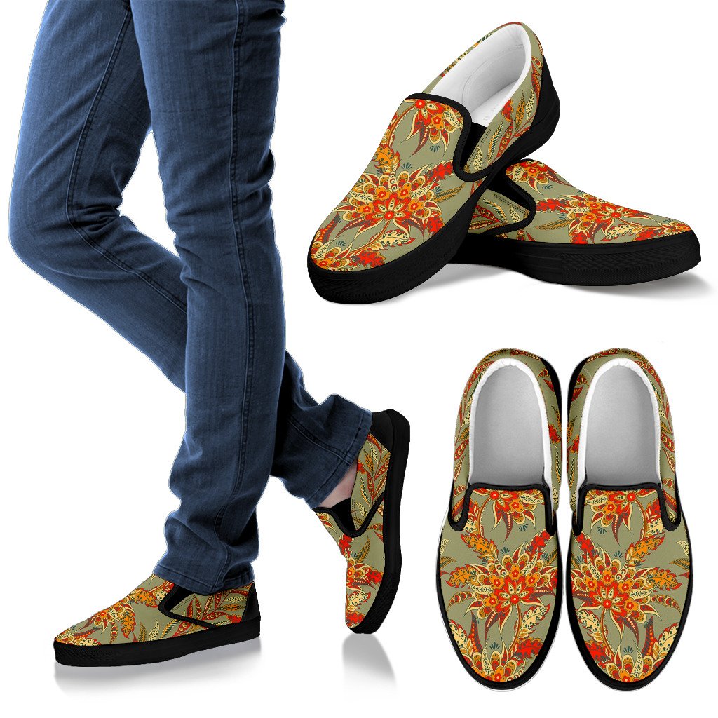 Vintage Orange Bohemian Floral Print Men's Slip On Shoes