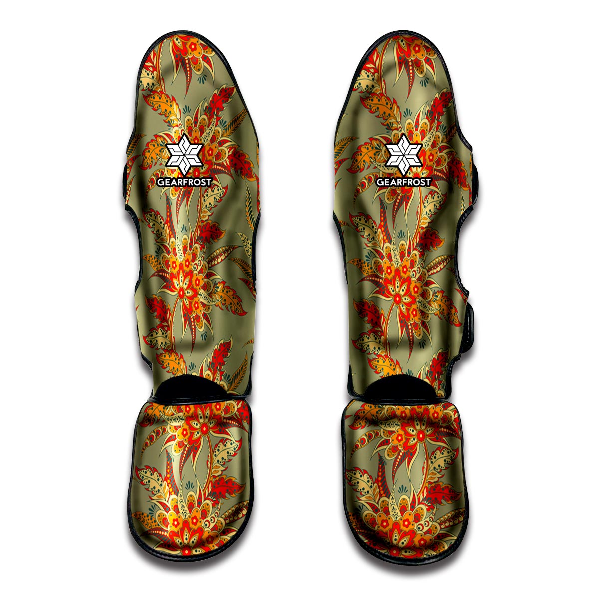 Vintage Orange Bohemian Floral Print Muay Thai Shin Guards