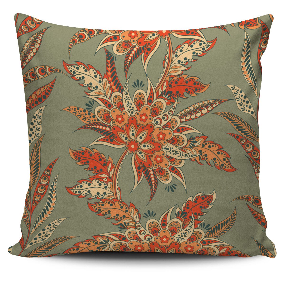 Vintage Orange Bohemian Floral Print Pillow Cover