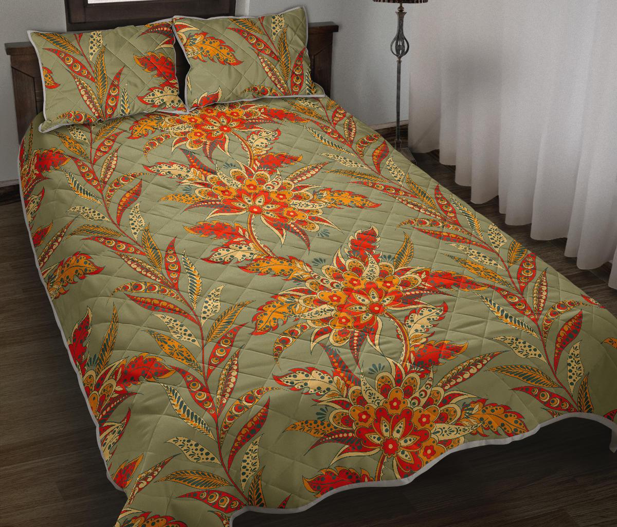 Vintage Orange Bohemian Floral Print Quilt Bed Set