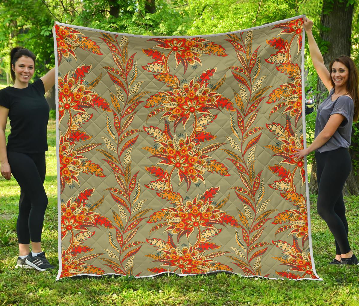 Vintage Orange Bohemian Floral Print Quilt