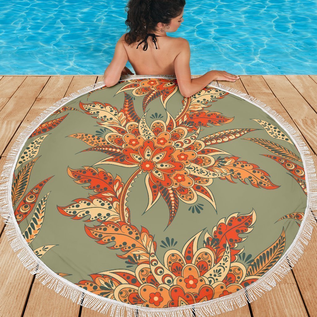 Vintage Orange Bohemian Floral Print Round Beach Blanket