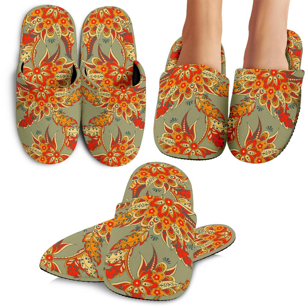 Vintage Orange Bohemian Floral Print Slippers