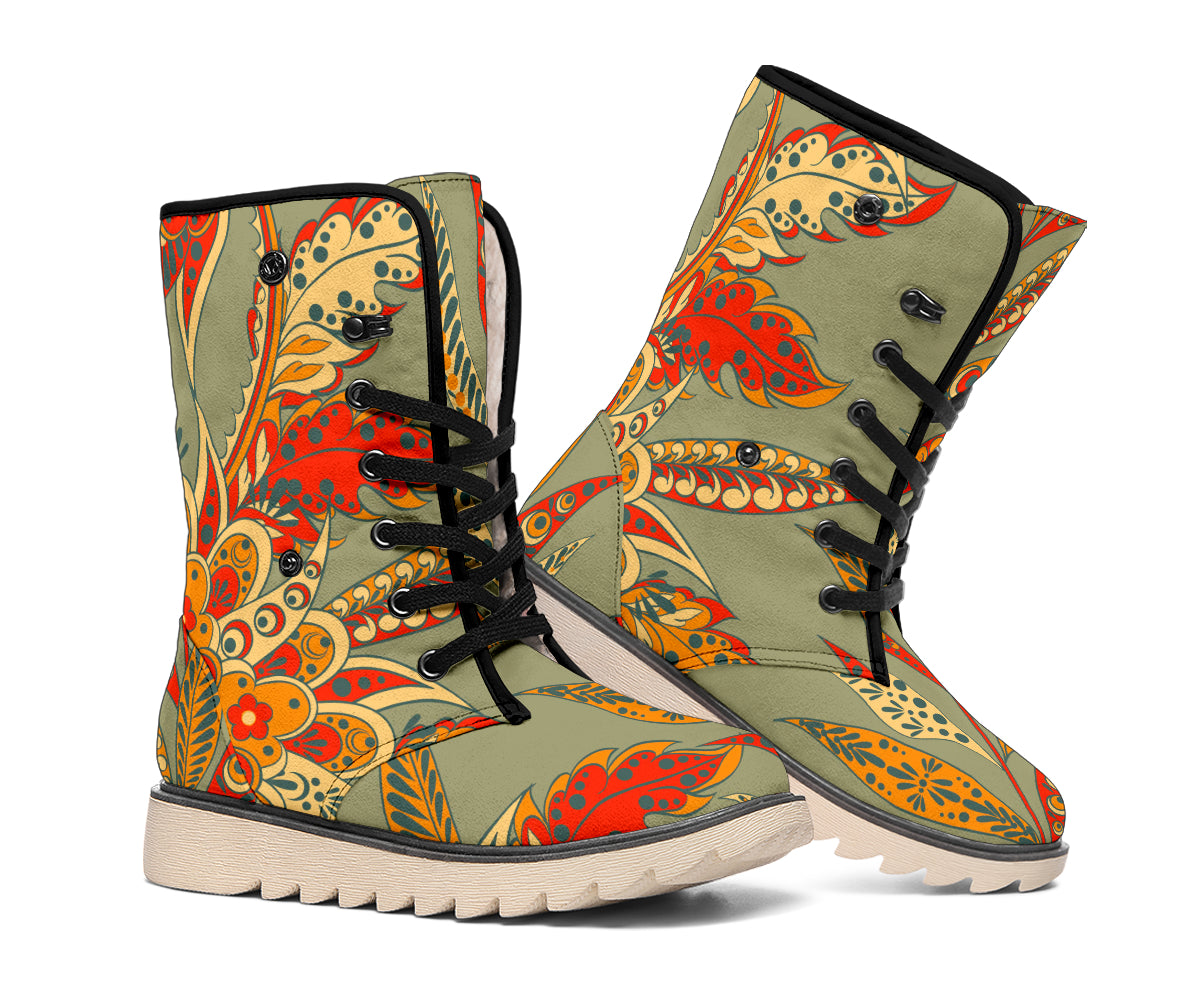 Vintage Orange Bohemian Floral Print Winter Boots