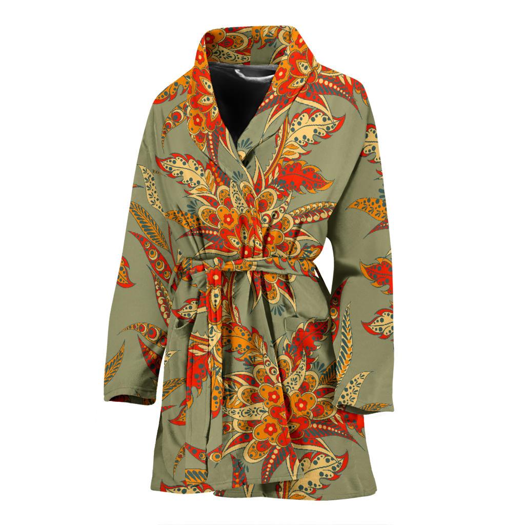 Vintage Orange Bohemian Floral Print Women's Bathrobe