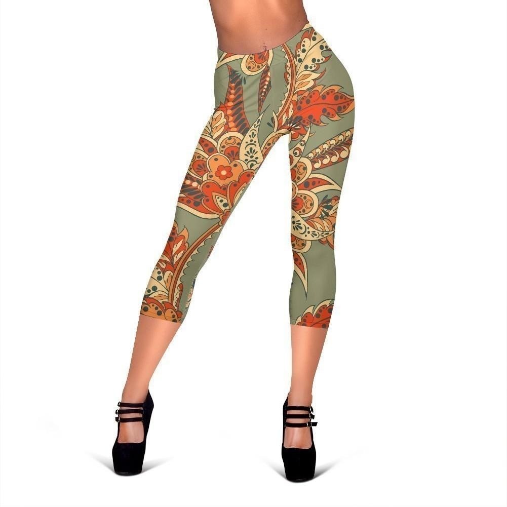 Vintage Orange Bohemian Floral Print Women's Capri Leggings