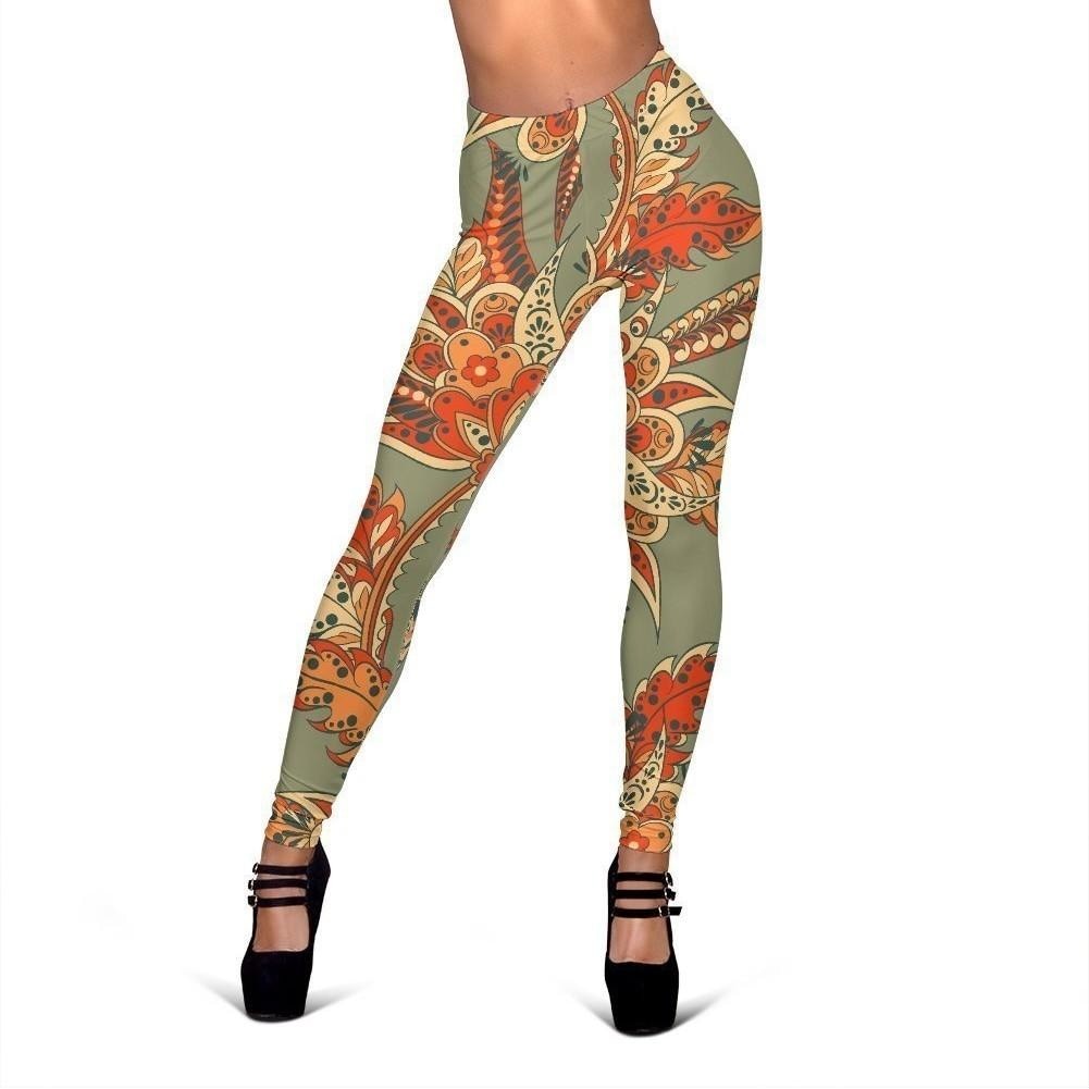 Vintage Orange Bohemian Floral Print Women's Leggings