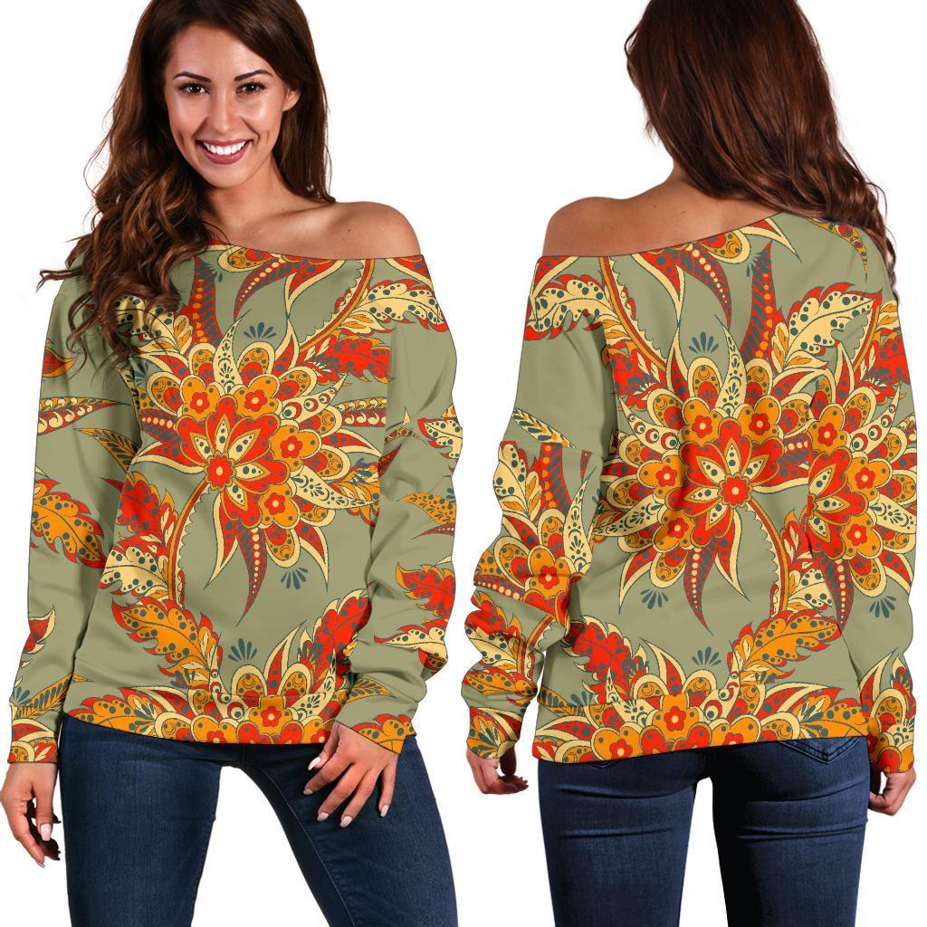 Vintage Orange Bohemian Floral Print Women's Off-Shoulder Sweatshirt