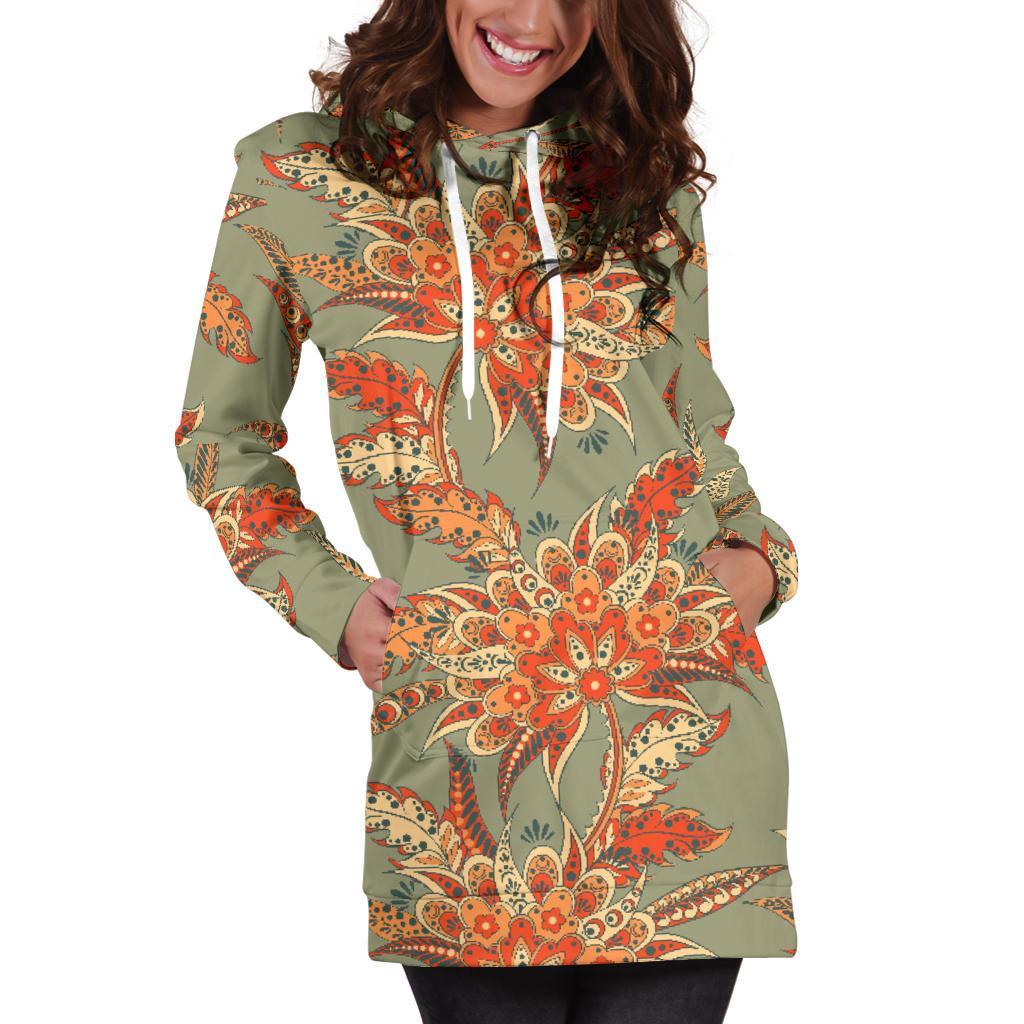 Vintage Orange Bohemian Floral Print Women's Pullover Hoodie Dress