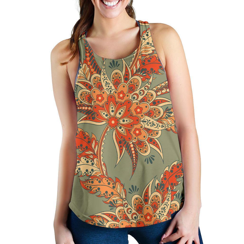 Vintage Orange Bohemian Floral Print Women's Racerback Tank Top