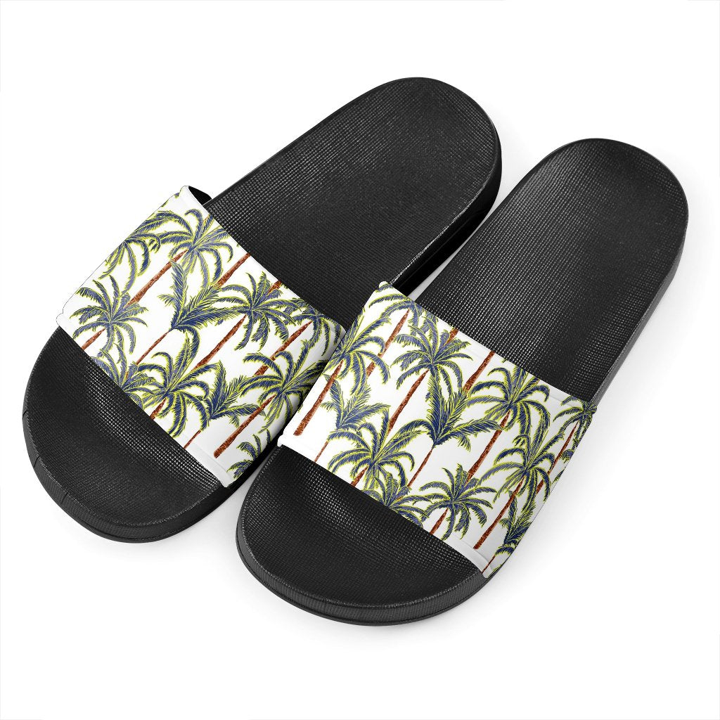 Vintage Palm Tree Beach Pattern Print Black Slide Sandals