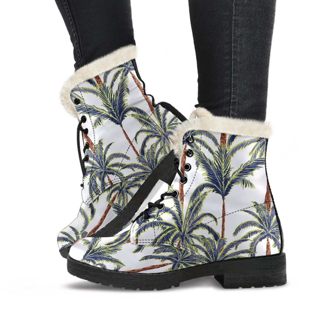 Vintage Palm Tree Beach Pattern Print Faux Fur Leather Boots