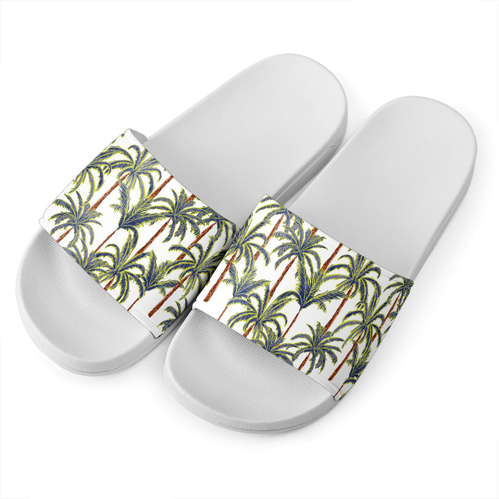 Vintage Palm Tree Beach Pattern Print White Slide Sandals