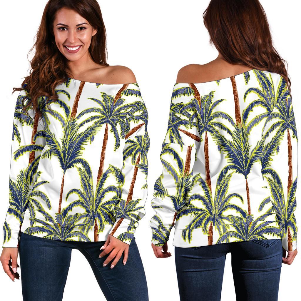 Vintage Palm Tree Beach Pattern Print Women's Off-Shoulder Sweatshirt