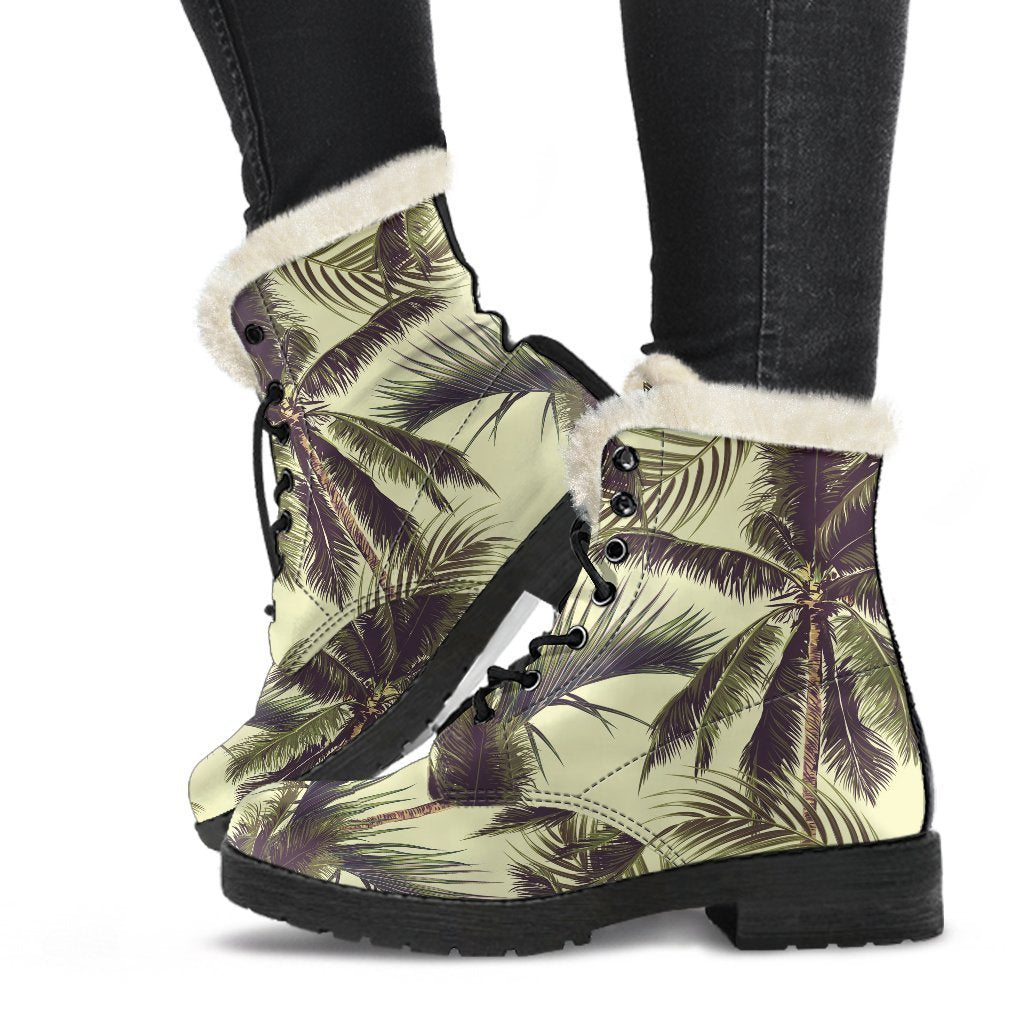 Vintage Palm Tree Pattern Print Faux Fur Leather Boots