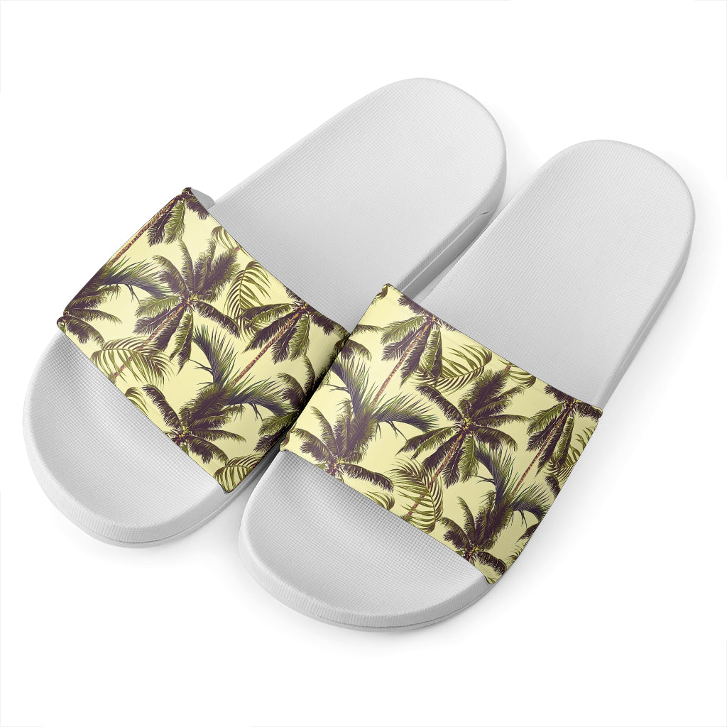 Vintage Palm Tree Pattern Print White Slide Sandals