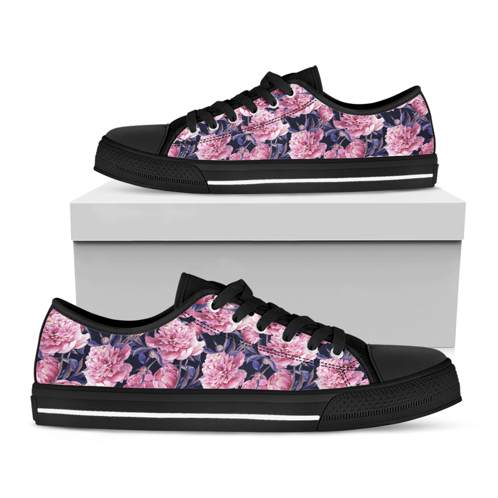 Vintage Pink Peony Floral Print Black Low Top Shoes