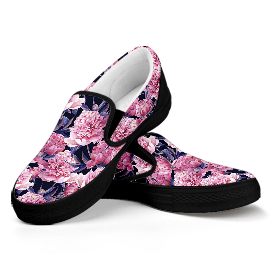 Vintage Pink Peony Floral Print Black Slip On Shoes