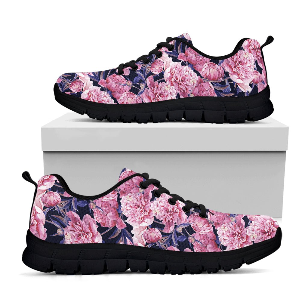 Vintage Pink Peony Floral Print Black Sneakers