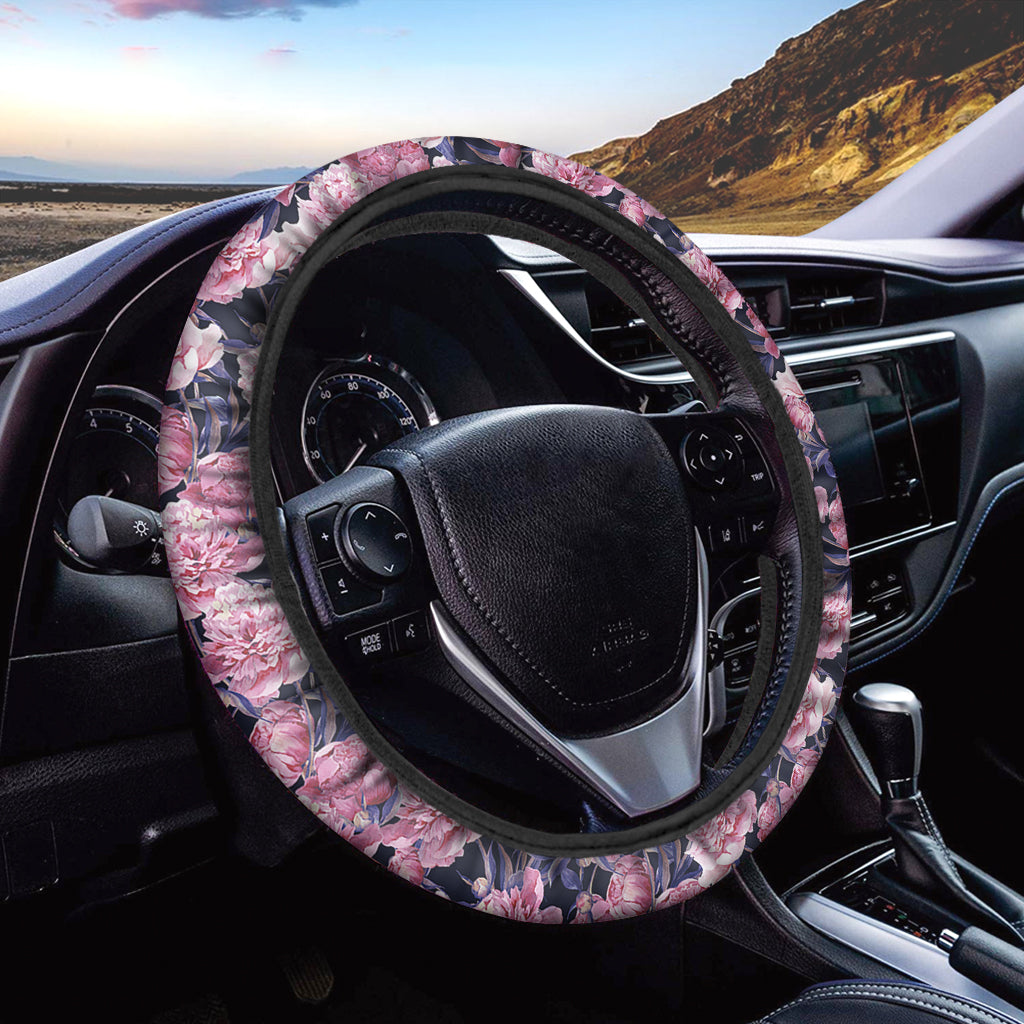 Vintage Pink Peony Floral Print Car Steering Wheel Cover