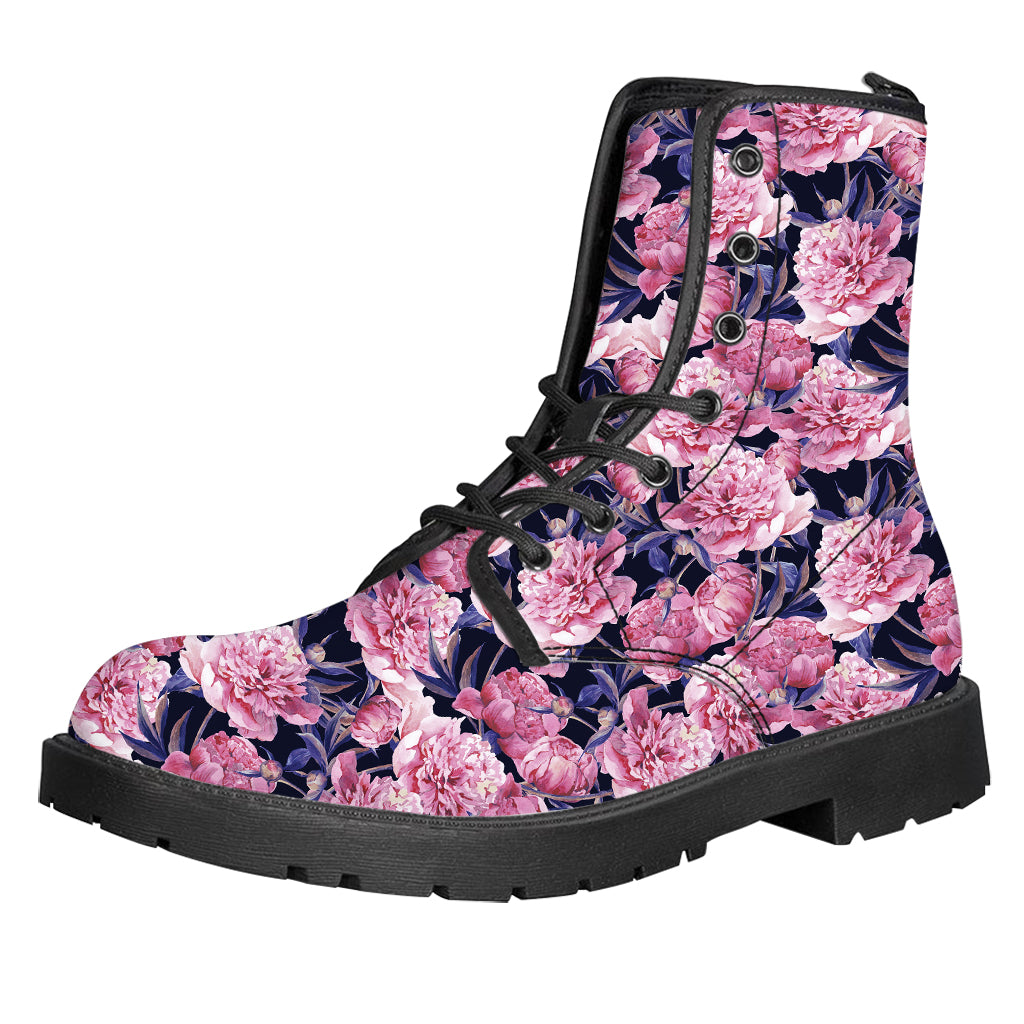 Vintage Pink Peony Floral Print Leather Boots