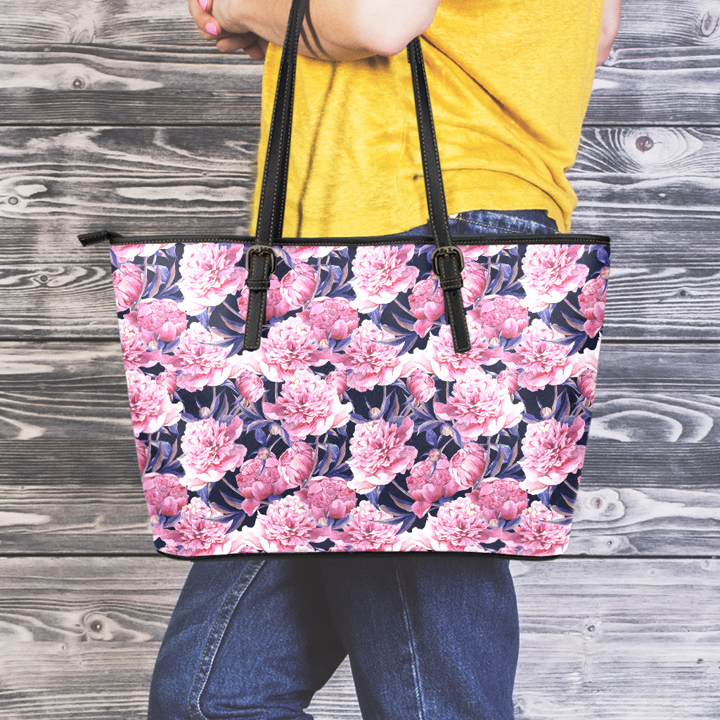 Vintage Pink Peony Floral Print Leather Tote Bag