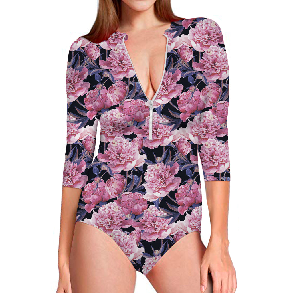 Vintage Pink Peony Floral Print Long Sleeve One Piece Swimsuit