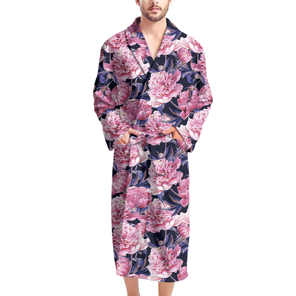 Vintage Pink Peony Floral Print Men's Bathrobe