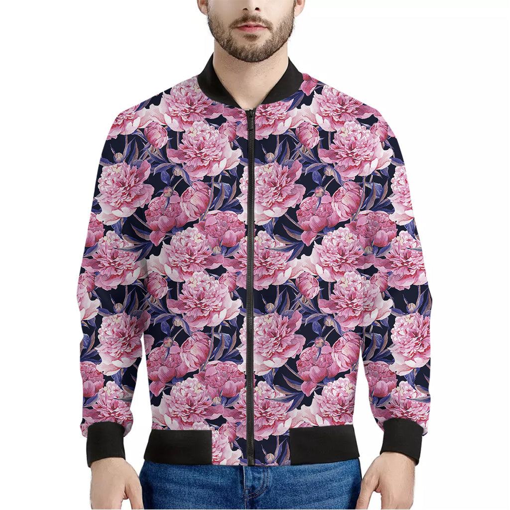 Vintage Pink Peony Floral Print Men's Bomber Jacket