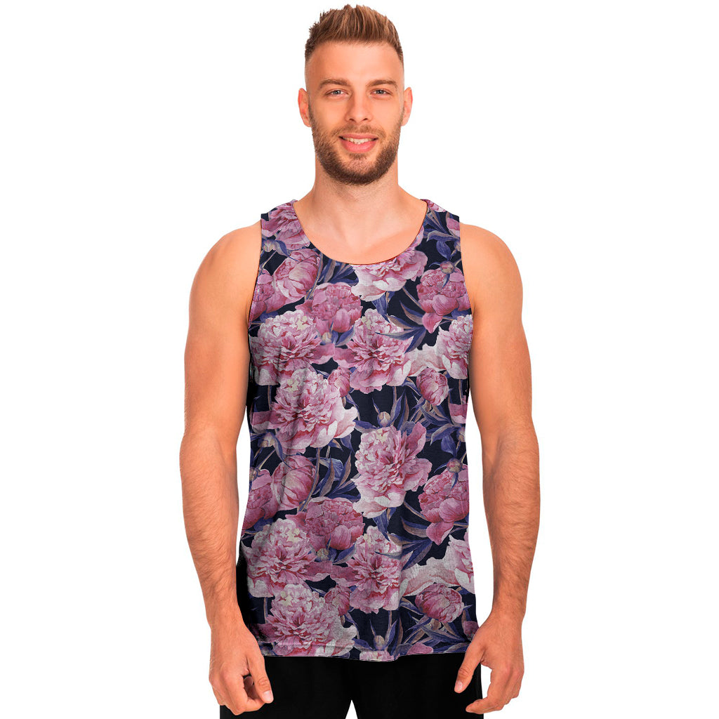 Vintage Pink Peony Floral Print Men's Tank Top