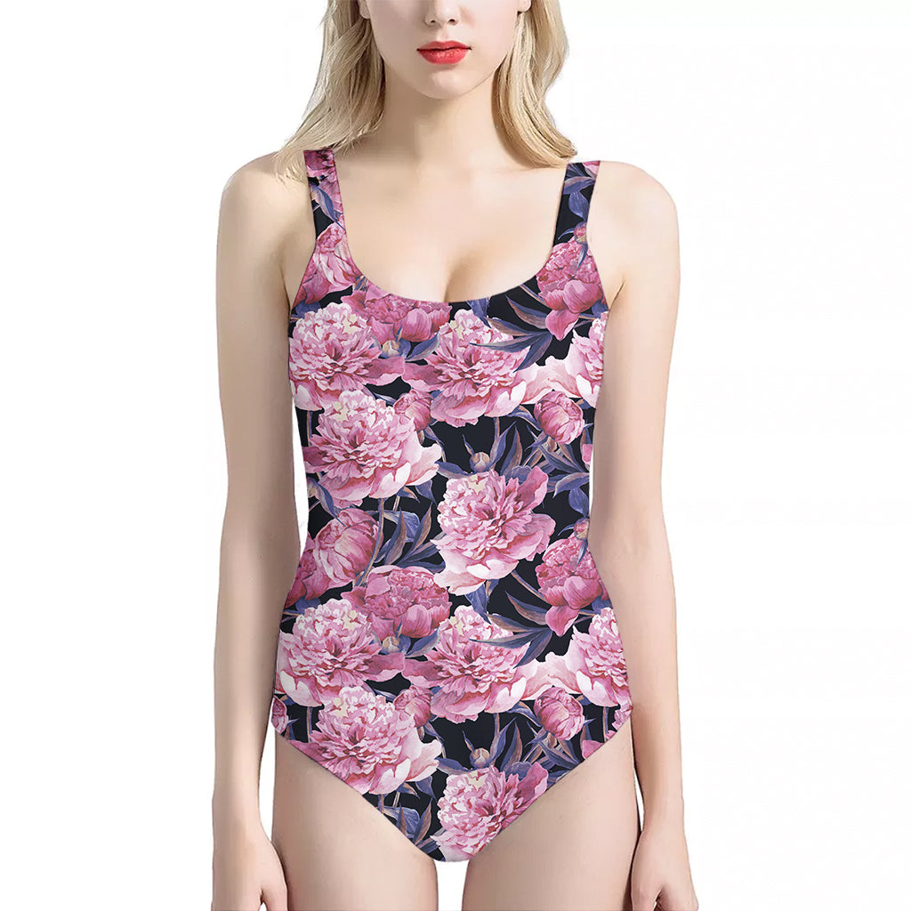 Vintage Pink Peony Floral Print One Piece Halter Neck Swimsuit