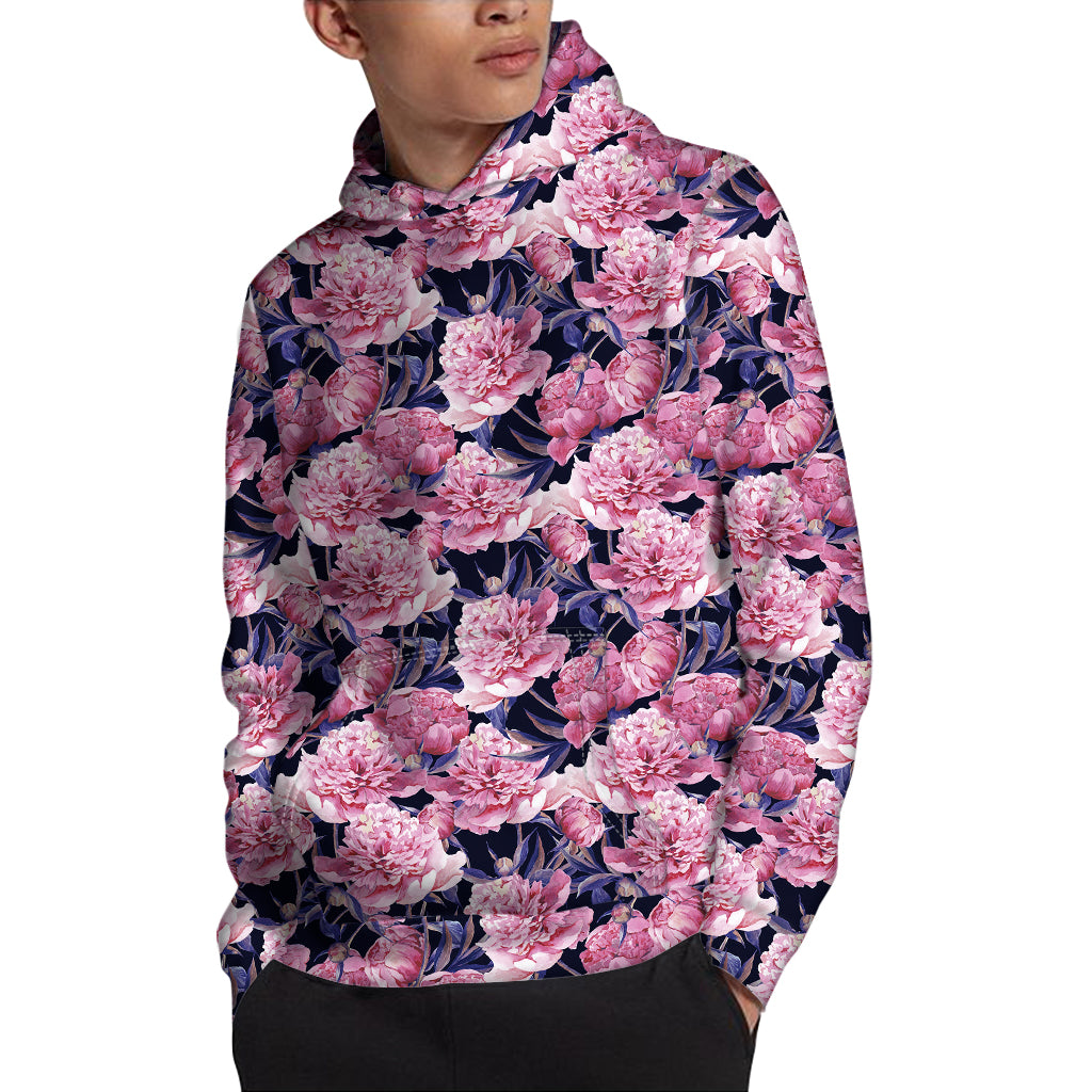 Vintage Pink Peony Floral Print Pullover Hoodie