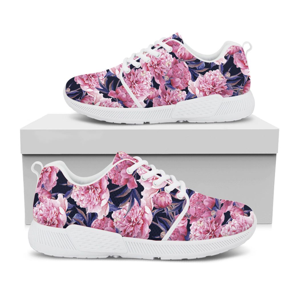 Vintage Pink Peony Floral Print White Athletic Shoes