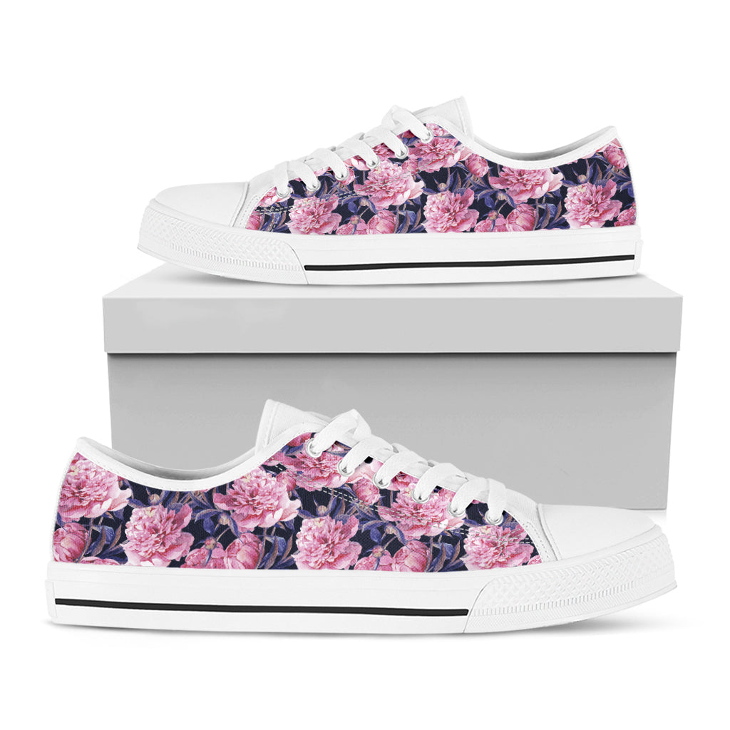 Vintage Pink Peony Floral Print White Low Top Shoes