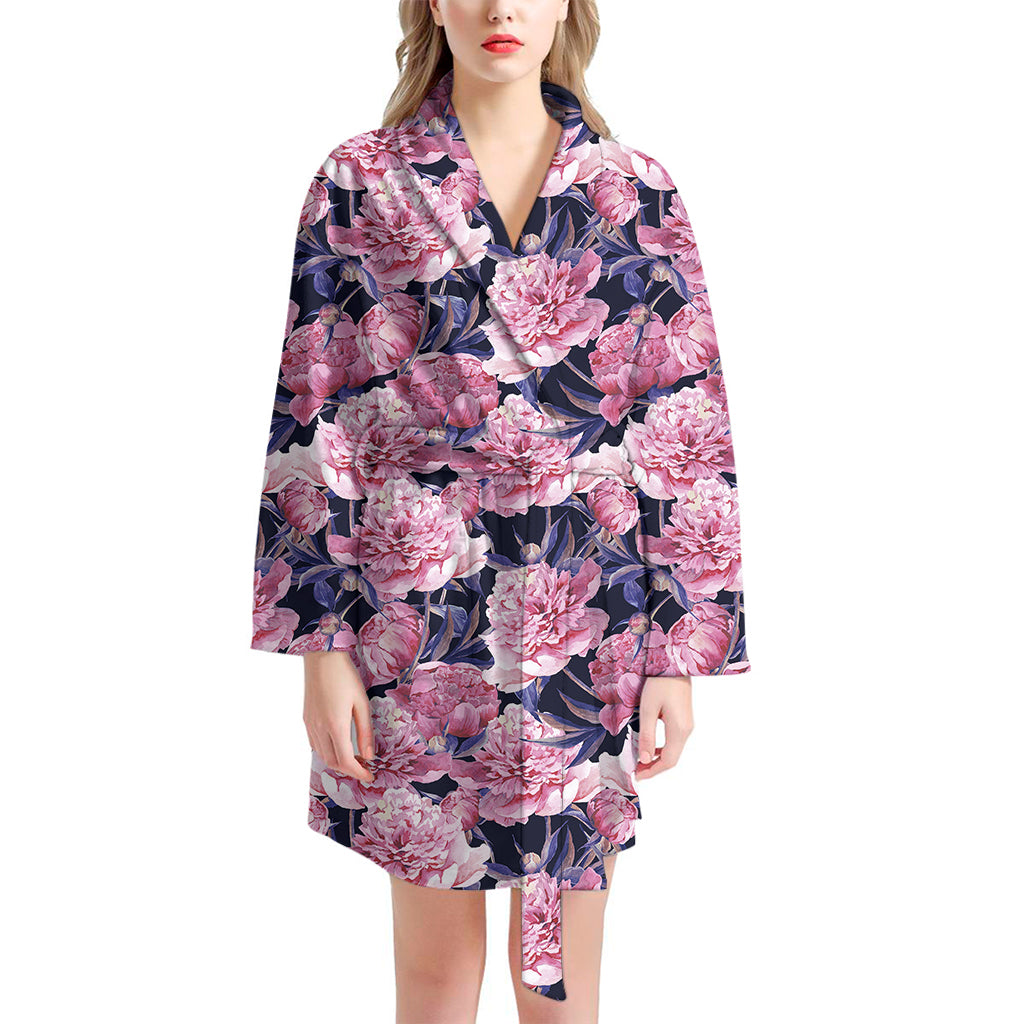 Vintage Pink Peony Floral Print Women's Bathrobe