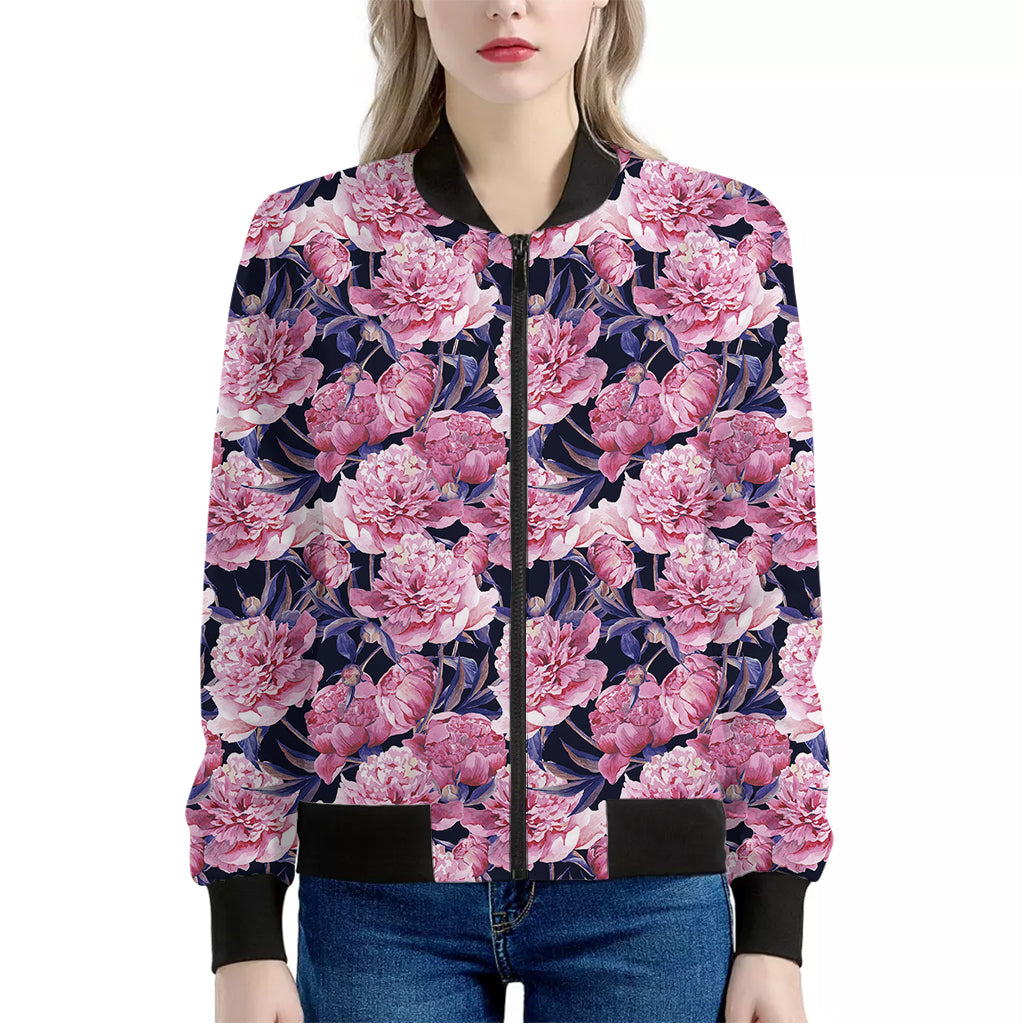 Vintage Pink Peony Floral Print Women's Bomber Jacket