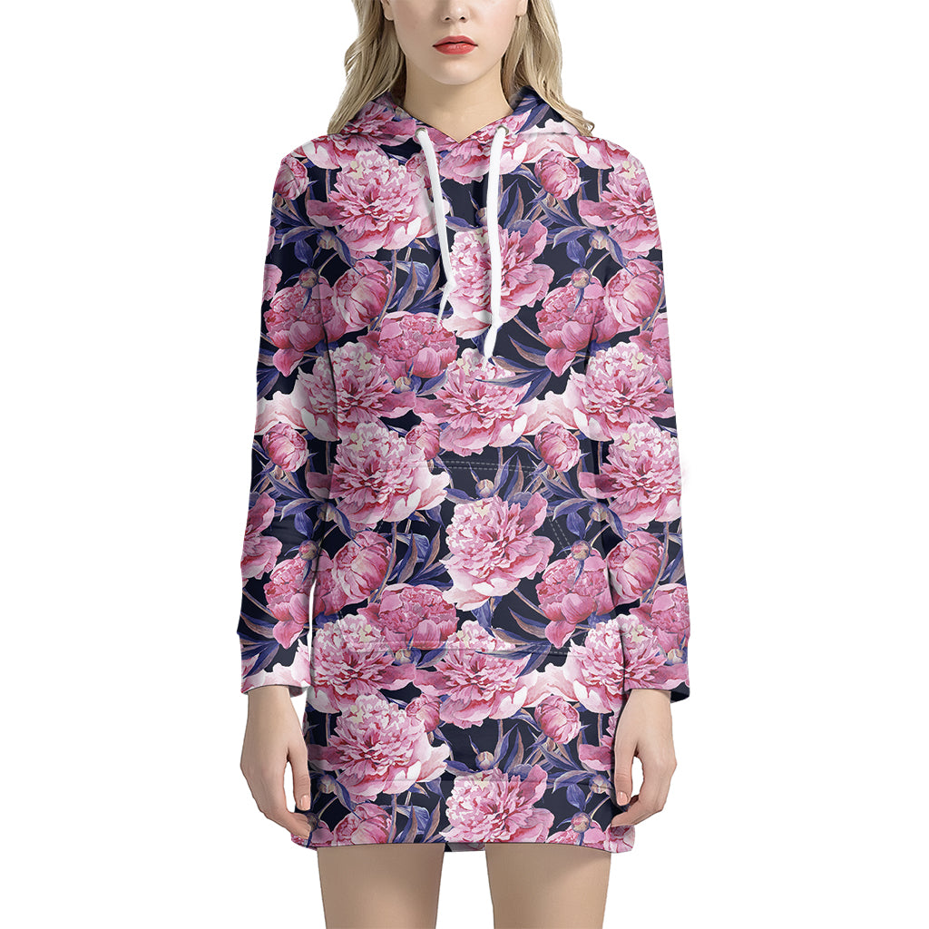 Vintage Pink Peony Floral Print Women's Pullover Hoodie Dress