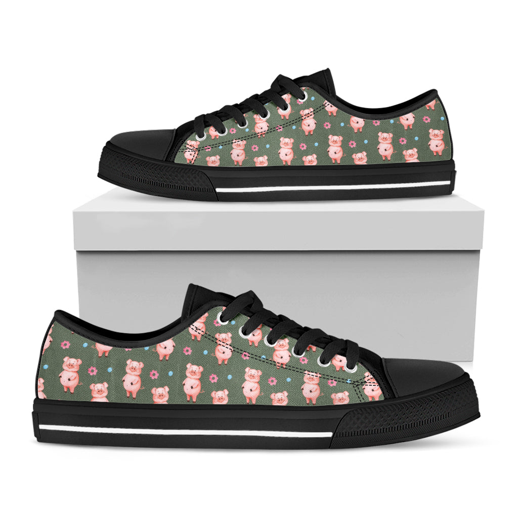 Vintage Pink Pig Pattern Print Black Low Top Shoes