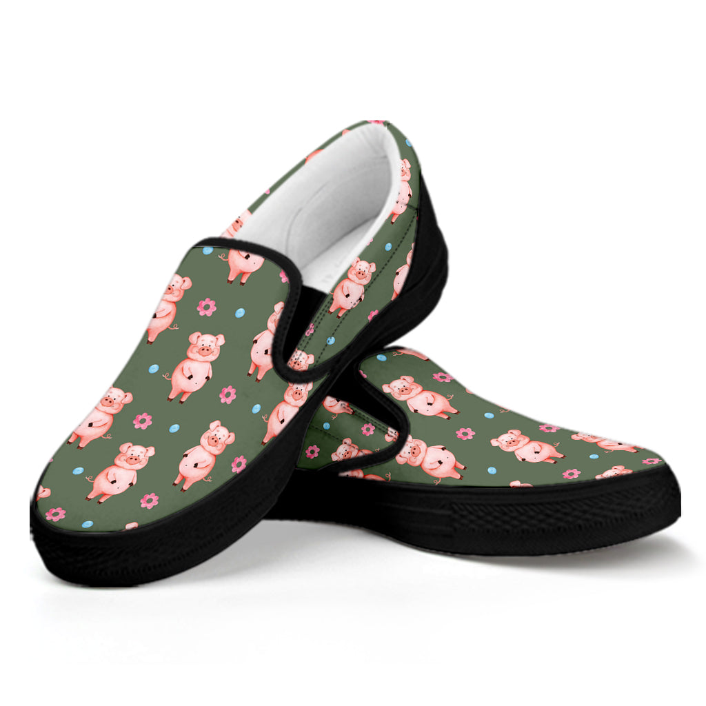 Vintage Pink Pig Pattern Print Black Slip On Shoes