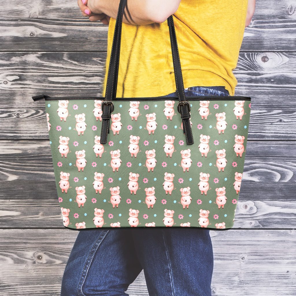 Vintage Pink Pig Pattern Print Leather Tote Bag