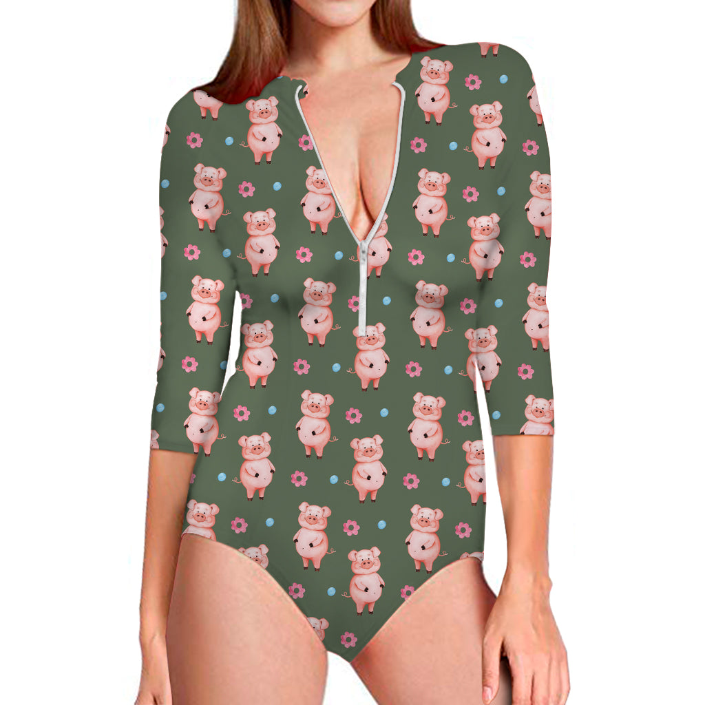 Vintage Pink Pig Pattern Print Long Sleeve One Piece Swimsuit