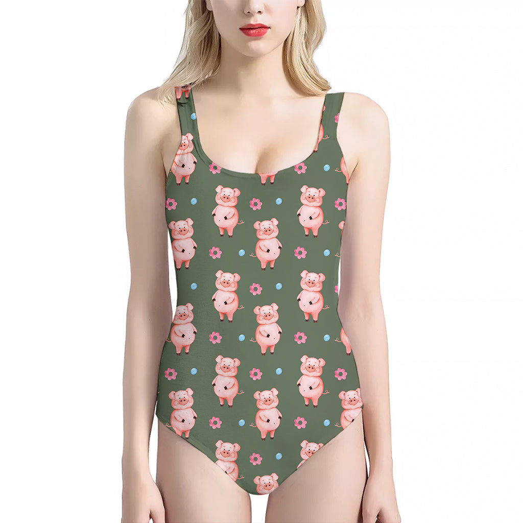 Vintage Pink Pig Pattern Print One Piece Halter Neck Swimsuit